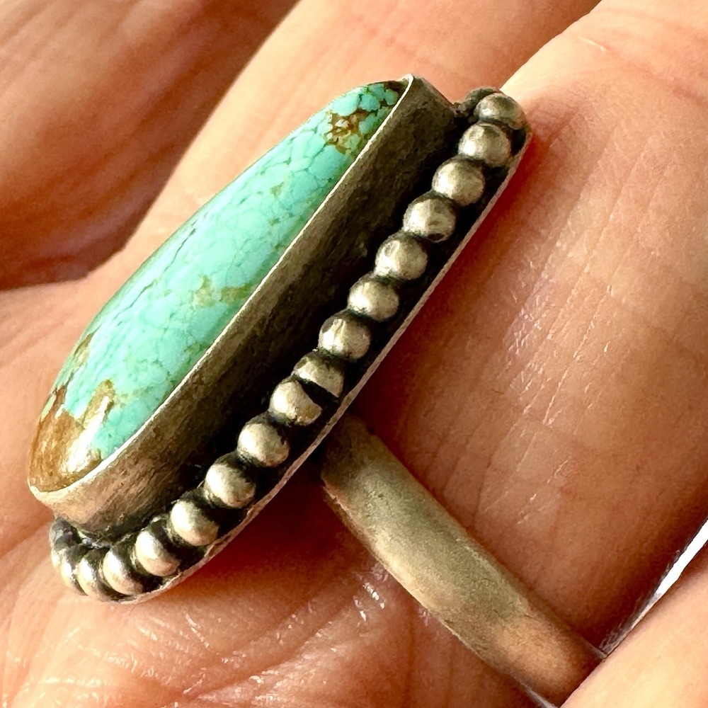 Navajo #8 Mine Turquoise Ring Sz 8.5 Teardrop Signed Skeets Sterling Native Amer - Picture 5 of 7